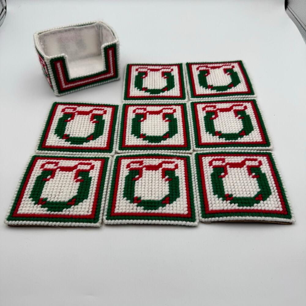 Vintage 80s Christmas Plastic Canvas Yarn 8 Coaster Set Grandmacore Kitsch Retro